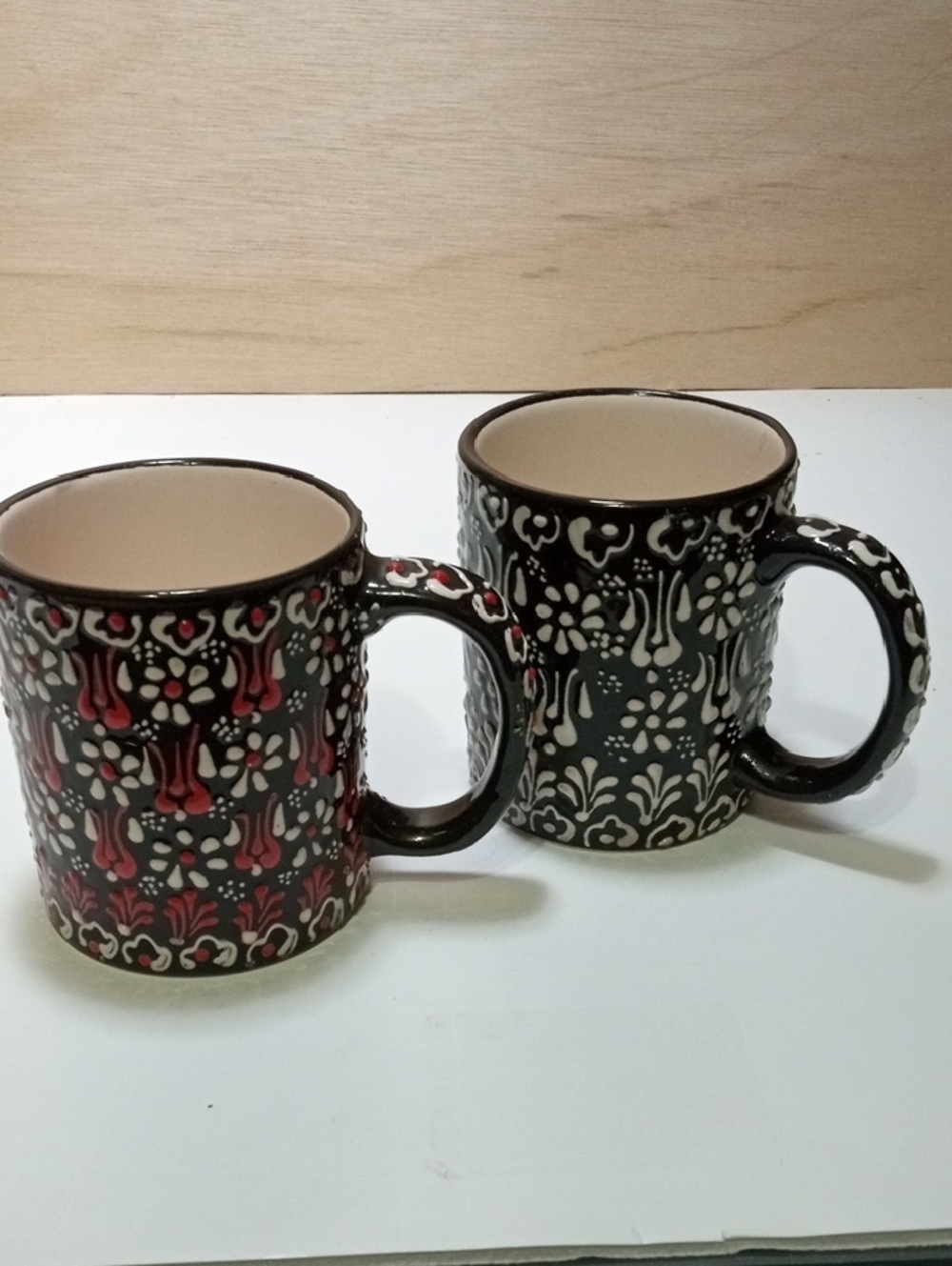 Myth Arts Handmade Ceramic Floral Mugs Set of 2 Red Black White Made in Turkey